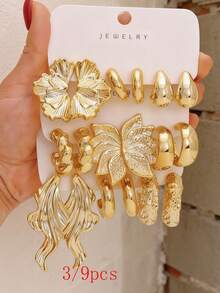 1Set 9Pairs/3Pairs Golden Asymmetrical Textured Hoop & Abstract Butterfly Earrings, Y2K Stackable Jewelry For Women Street Style - Yellow Gold - View 1