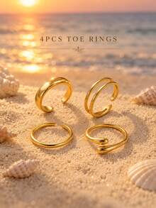 4pcs Fashionable Elegant Open Adjustable Women's Toe Ring Set, Versatile Stackable Design, Suitable For Women's Daily Wear, Beach Vacation, Fashionable Foot Jewelry Gift - Gold - View 3