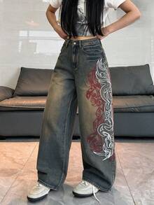 1件女款寬鬆刺繡寬腿牛仔褲，舒適休閒高街百搭丹寧長褲（不含腰帶/配件）春秋款 - 藍色 - 查看 4