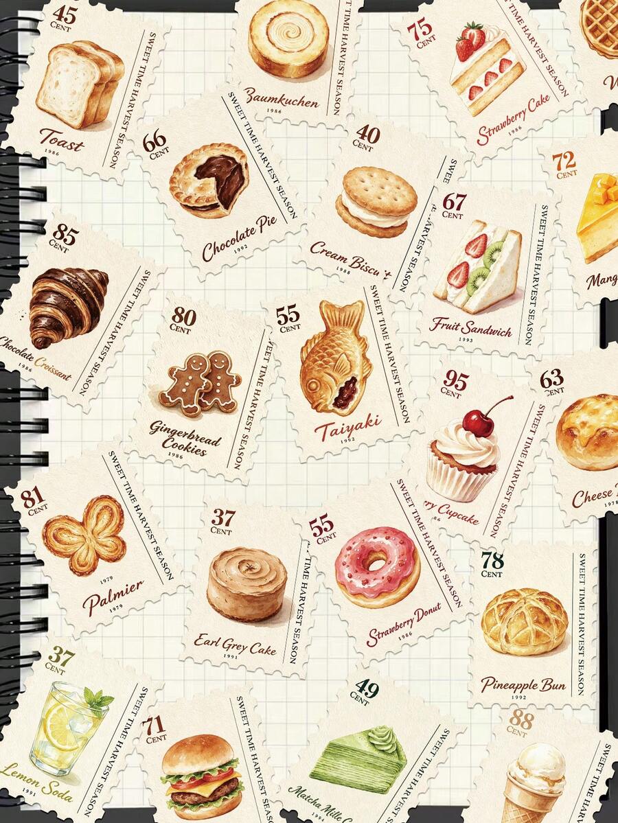 50pcs Food Postage Stamp Stickers For Decorating Planner, Diary, Scrapbook, Notebook, Luggage, Guitar, Skateboard, Manual, Tablet, Water Bottle, Phone - Coffee Brown - View 1