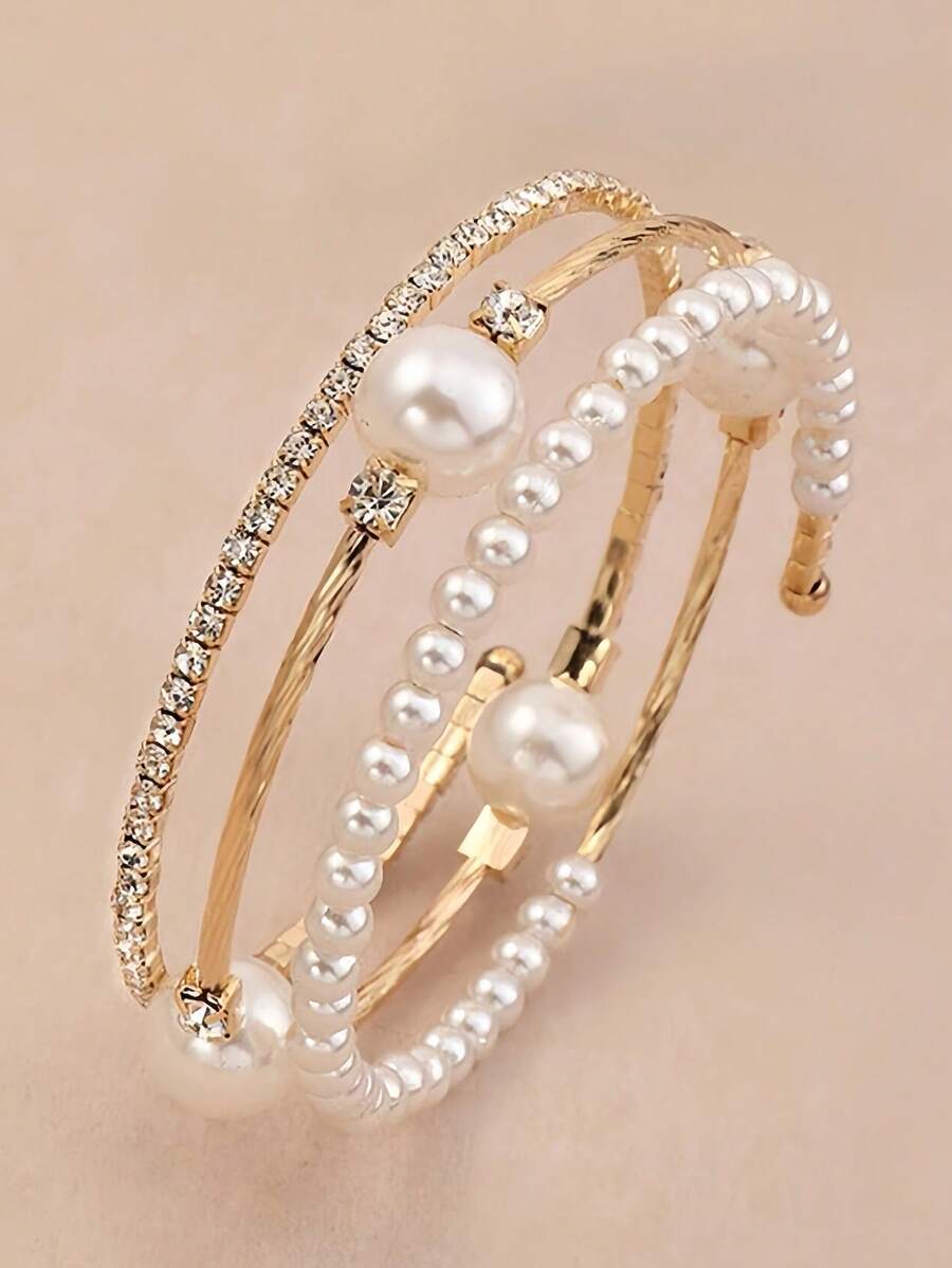 1pc Fashionable Exquisite Faux Pearl And Rhinestone Decorated Bracelet For Girls - Gold - View 1