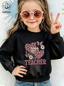 Children's Casual Round-Neck Sweatshirt, Long-Sleeve Round-Neck Sweatshirt With Leopard-Print Heart Design - Black - View 10