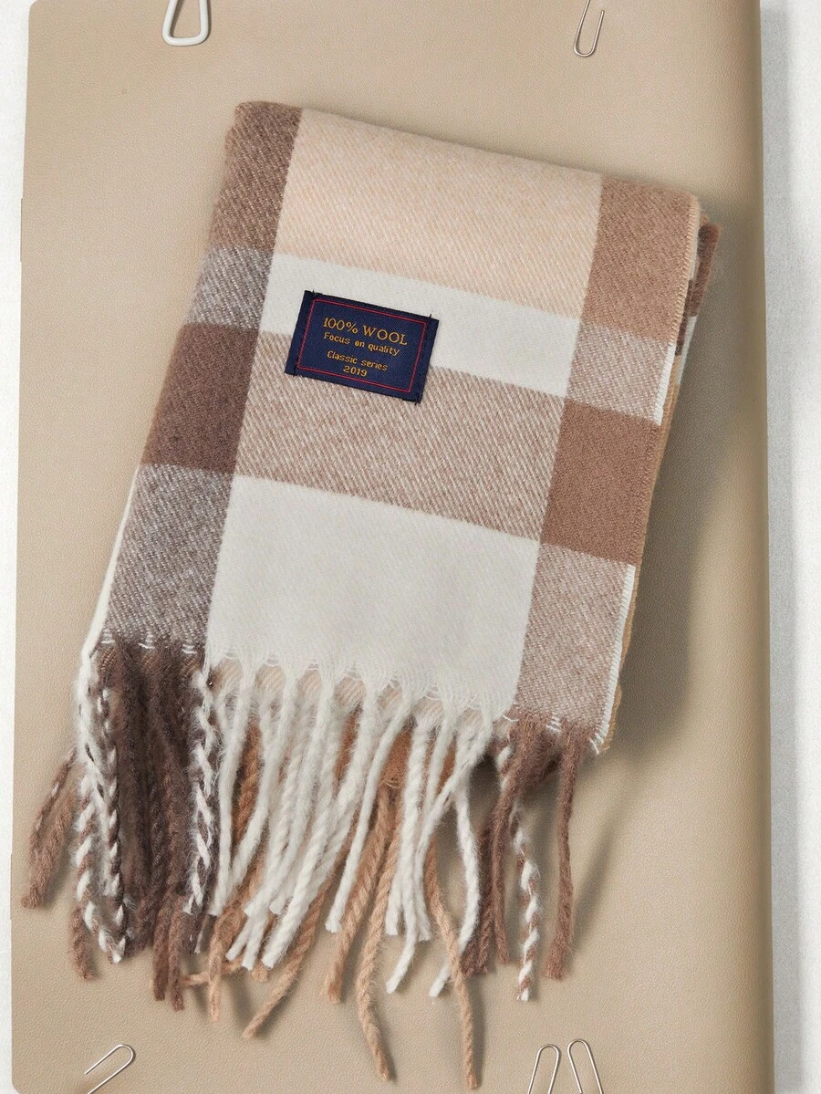 Okurime. 1pc 100% Wool Plaid Scarf/Shawl For Women, High-Quality Winter Neck Warmer, Birthday Gift,Beach,Holiday - Khaki White - View 1