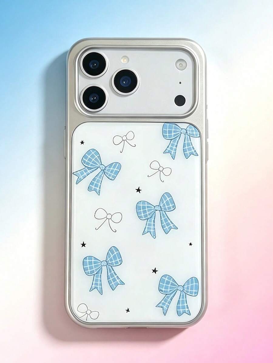 1PC Fresh Blue Plaid Bow Large Window Phone Case, Minimalist Sweet Girl TPU Soft Shell Full Coverage Lens Anti-Drop Personalized Cartoon Protective Cover Compatible With Apple 17/16/15 Pro Max/15 Pro/15/14 Pro Max/14 Pro/14/13 Pro Max/13 Pro/13/12 Phone Protective Case All Models Personalized Creative - Multicolor - View 1