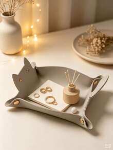 1pc Cat Shaped Storage Tray, Minimalist Faux Leather Foldable Decorative Tray With Metal Button Details, Desktop Catchall Organizer For Entryway Bedroom Daily Use - Multicolor - View 9