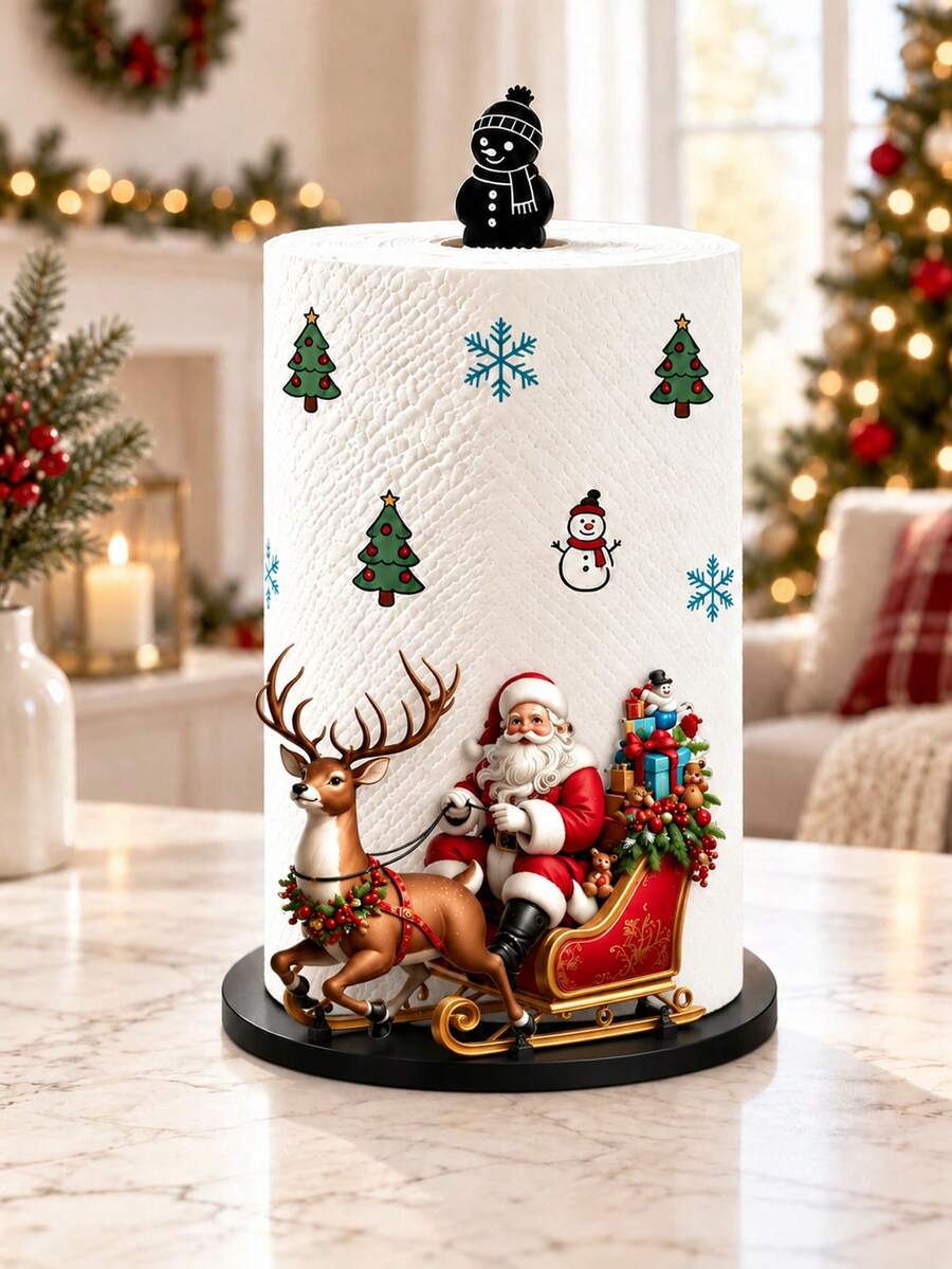 Acrylic Tabletop Vertical Paper Towel Holder With Reindeer Sleigh And Santa Claus Pattern (2D Flat), 2D Printed Design, Kitchen Paper Towel Rack, Home Party Decor And Storage, Lightweight And Affordable, Paper Towels Not Included, Suitable For Kitchen, Bathroom, Restroom, Dining Room, Living Room, Bedroom, Christmas Holiday Kitchen Desktop Paper Towel Storage Stand, Creative Holiday Home Decor Ornament - Multicolor - View 1