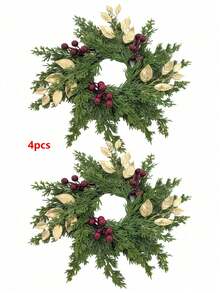 1/2pcs Red Berry & Gold Leaf Wreath - Artificial Green Pine Needle Candle Ring For Wedding Table Centerpiece, Holiday And Party Decor - A - View 15