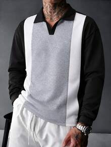 American Retro Men's Patchwork Polo Collar Sweatshirt, Vertical Stripe Colorblock Design, Loose Drop Shoulder, Daily Commute Long Sleeve Top - Black - View 4