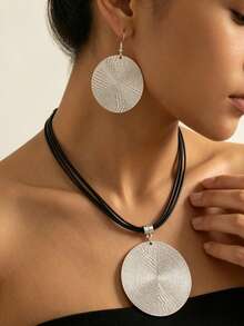 3pcs Vacation Style Shiny Silver Textured Disc Earrings Set, Bohemian Leather Cord Necklace, Versatile Party Jewelry For Women - Silver - View 4