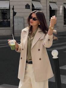 Women's Fashion Beige Double-Breasted Long Sleeve Trench Coat With Belt, Suitable For Autumn And Preppy Style - Apricot - View 1