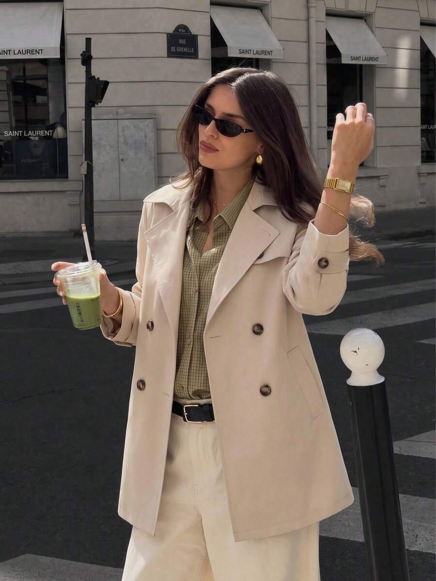 Women's Fashion Beige Double-Breasted Long Sleeve Trench Coat With Belt, Suitable For Autumn And Preppy Style - Apricot - View 1