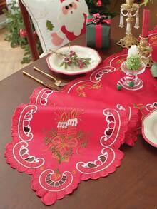 1pc 100% Polyester Embroidered Christmas Table Runner, Red Hollow Cutwork Candle Design Table Scarf, Xmas Holiday Dining Table Centerpiece Decor - Red - View 5