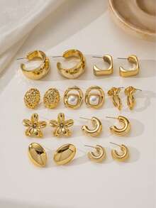 6-18pcs Gold Fashion Women's Earrings Set, With Flower, Bow, Ribbed, Textured, Smooth, Bird Nest Design Earrings Set, Suitable For Daily Wear In All Seasons And Various Occasions, Perfect As A Gift - Gold - View 5