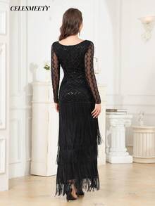Robe de soirée Top de gamme pour femmes, patchwork, manches longues, à franges et perles, robe de banquet, de fête et de vacances - Noir - Voir 7