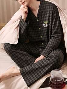Gongdie Conjunto de pijama de 2 piezas Snoopy para hombre, ropa de estar en casa de algodón suave con bolsillo y estampado de rombos gris para otoño - Gris - Ver 1