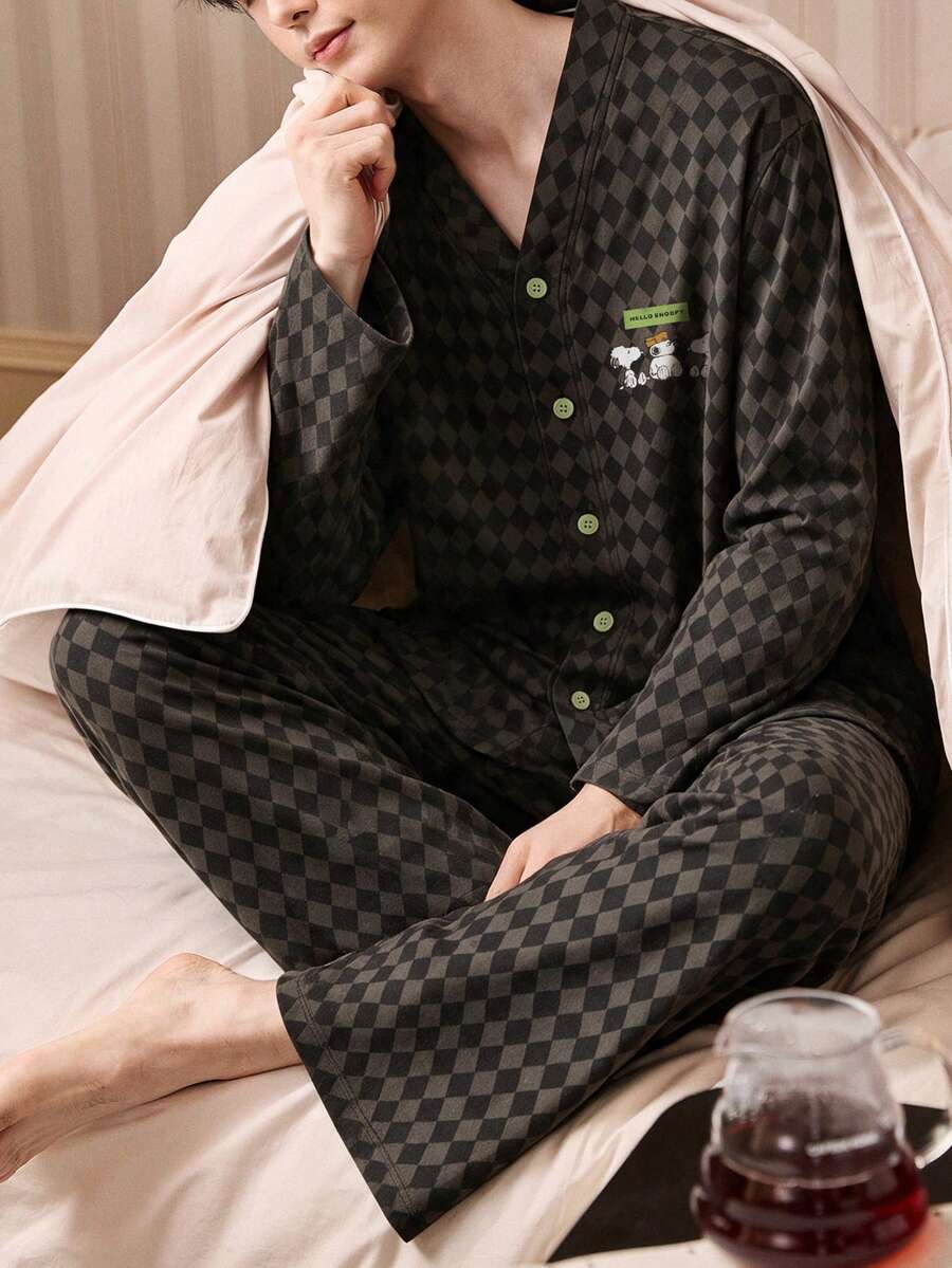 Gongdie Conjunto de pijama de 2 piezas Snoopy para hombre, ropa de estar en casa de algodón suave con bolsillo y estampado de rombos gris para otoño - Gris - Ver 1