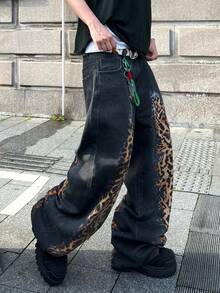 1pc Digital Print Loose Fit Casual Straight Leg Jeans, Comfortable Streetwear Style Pants For Men, Versatile All Season - الأسود - مشاهدة 10