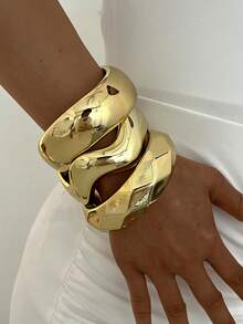 3/1pc Multi-Piece Stackable Fashion Minimalist Elegant Exquisite Vintage Design Geometric Ribbon Wavy Texture CCB Metal Style Exaggerated Chunky Bracelet Set, Holiday Vacation Party Date Gift, Daily Commute Wear, Personalized - Yellow Gold - View 2