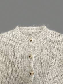 Women's Autumn/Winter Round Neck Solid Color Single-Breasted Fuzzy Warm Loose Casual Knit Cardigan, Daily Street Commute Date Outfit Top - Silver - View 6