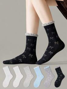 ZUJO 1 Pair/6 Pairs Women's Mid-Calf Socks, Bubble Cuff Bow Pattern, Comfortable, Sweat-Absorbent, Breathable, Classic Versatile For Daily Casual Wear, Suitable For Spring, Summer, Autumn, Random Color - Multicolor - View 3