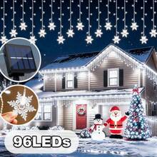 Christmas & Halloween Party Decoration Solar Powered Icicle Snowflake String Lights, Warm/Colorful/White 3 Color Modes, 4*0.6m Wave Style Hanging 16 Strands 96LEDs, 3D Hollow Snowflake Pendants, Transparent And Lightweight, Natural Snowfall Pattern, Clear Petal Outline, Soft Diffused Light, Hanging Ice & Snow Curtain Effect, Dreamy Night View - Solar Powered Snowflake Ice Bar Lights - View 13