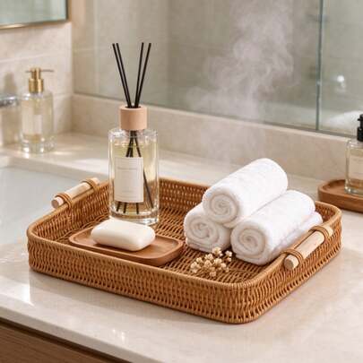 1Pc Plastic Rattan Woven Storage Basket With Handles, Modern Rectangular Shallow Storage Bin, Available In Large & Small Sizes, Multipurpose Organizer For TV Cabinet, Living Room, Bedroom, Kitchen, Bathroom, Hotel, Hold Sundries & Small