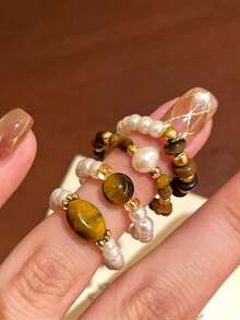 4pcs Women's Artificial Stone & Faux Pearl Beaded Ring Set, Golden Color Accents, Stretch Stackable Rings For Autumn Winter - Brown - View 1