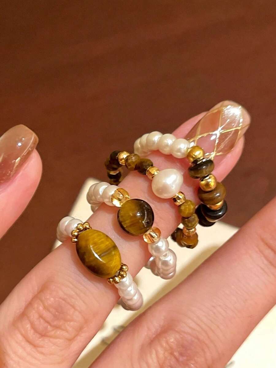4pcs Women's Artificial Stone & Faux Pearl Beaded Ring Set, Golden Color Accents, Stretch Stackable Rings For Autumn Winter - Brown - View 1