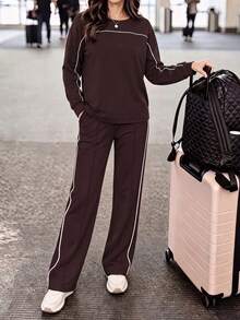 LUNNELUX Women Fall Brown Knit 2 Pieces Outfits, White Piping Round Neck Long Sleeve Top & Wide Leg Pants Set Halloween Travel Daily Tracksuit - Dark Brown - View 4
