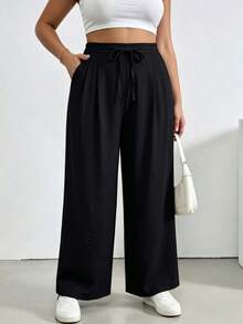 Pantalones de pierna ancha de talle alto con cordón ajustable y pliegues delanteros, corte holgado que estiliza la silueta, diseño versátil ideal para oficina casual, salidas y uso diario - Negro - Ver 4