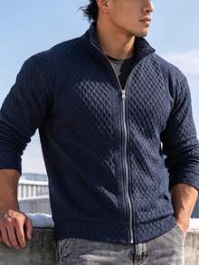 Men's Spring/Autumn Textured Long Sleeve Sweatshirt, Solid Color Stand Collar Casual Versatile Sweatshirt - Blue - View 1