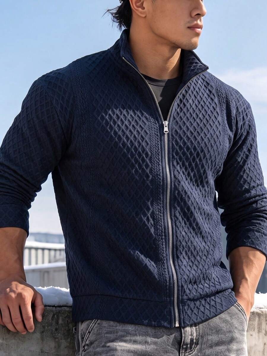 Men's Spring/Autumn Textured Long Sleeve Sweatshirt, Solid Color Stand Collar Casual Versatile Sweatshirt - Blue - View 1