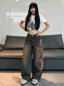 1件女款寬鬆刺繡寬腿牛仔褲，舒適休閒高街百搭丹寧長褲（不含腰帶/配件）春秋款 - 藍色 - 查看 7