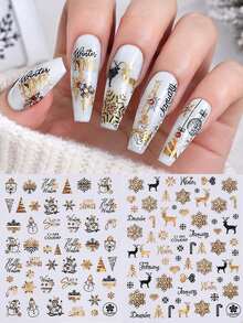 5Pcs Christmas Gold Nail Stickers, Self-Adhesive Metallic Nail Art Decals With Snowflake, Xmas Tree, Reindeer, Snowman & Winter Letter Pattern, Holiday DIY Manicure Decorations Supplies - Multicolor - View 4