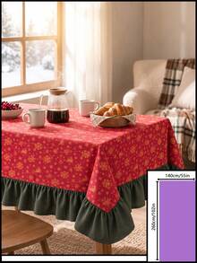 1pc Red Background Gold Christmas Bell Snowflake Print Tablecloth, Traditional Country Style, Rectangular Green Leaf Edge With Pleated Details, Stain-Resistant Protective Tablecloth For Home Long Table, Suitable For Christmas Family Gatherings And Winter Holiday Dining Room Decor - Red - View 10