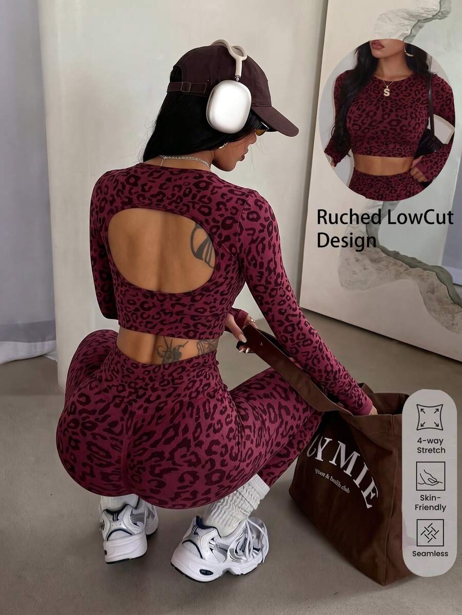 Seamless Basic Leopard Print Long Sleeve Sports Top & Long Pants Set - Burgundy - View 1
