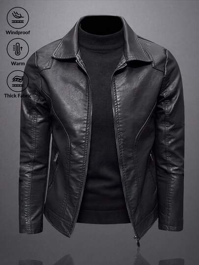 Men's PU Leather Jacket, Motorcycle Jacket, Lapel Collar, Black, Commute, Casual, Party, Camping, Work
