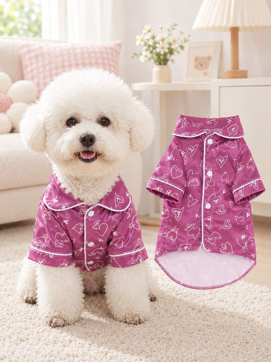 Breathable Satin Pet Pajamas, Purple Background With Heart Print, Non-Elastic Dog Clothes, Suitable For Teddy And Other Small Dogs And Cats Year-Round, Size Runs Small, Recommend Choosing 1-2 Sizes Larger