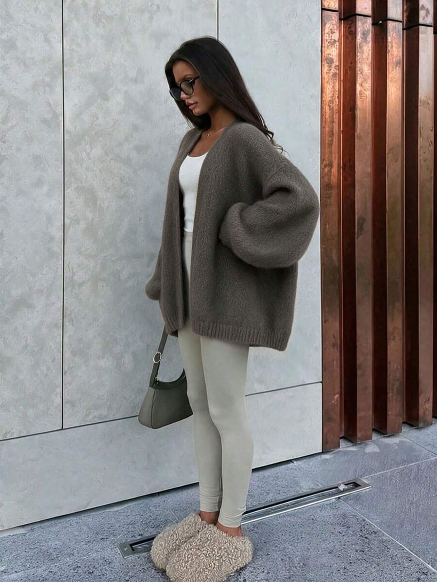 FOR BEAUTY Women's Autumn/Winter Brown Fuzzy Lantern Sleeve Chunky Knit Cardigan Sweater, Y2K Casual Party Streetwear Style - Brown - View 1
