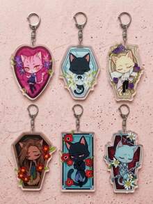 1/6pcs Gothic Coffin Sleeping Cat Acrylic Keychain, Dark Aesthetic Gothic Style, Floral Tombstone Frame & Anime Cat Girl Cat Design, Backpack & Shoulder Bag Charm, Car Key Ring Accessory, Ideal Gift For Cat Lovers & Anime Fans - Multicolor - View 1