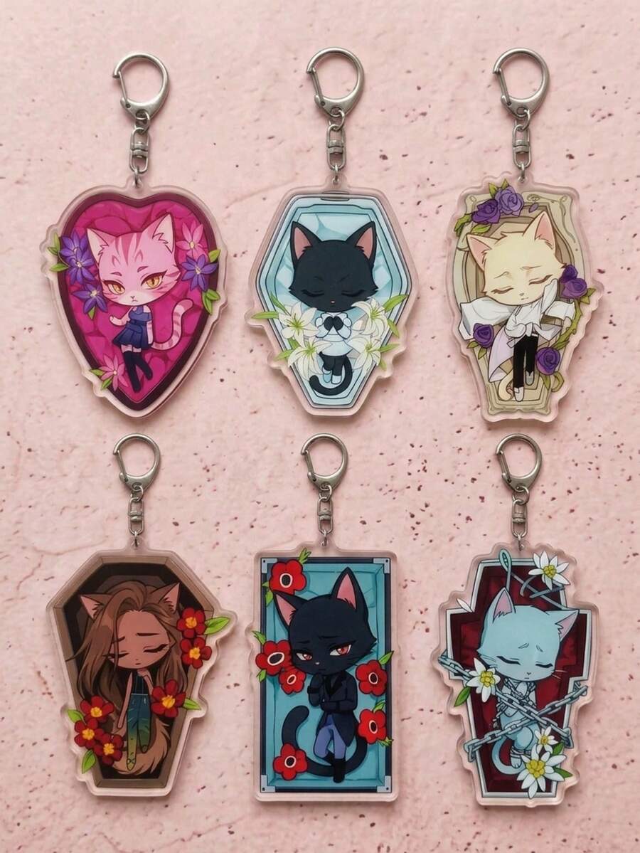 1/6pcs Gothic Coffin Sleeping Cat Acrylic Keychain, Dark Aesthetic Gothic Style, Floral Tombstone Frame & Anime Cat Girl Cat Design, Backpack & Shoulder Bag Charm, Car Key Ring Accessory, Ideal Gift For Cat Lovers & Anime Fans - Multicolor - View 1