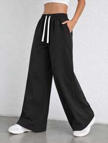Women's Black Casual Wide Leg Pants Elastic Waist Adjustable Drawstring Relaxed Loose Fit Full Length Everyday Trousers - Black - View 11