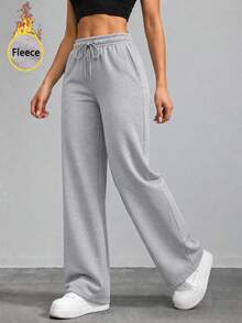 Women's Thermal Lined High Waist Wide Leg Sweatpants With Drawstring Relaxed Fit Casual Lounge Pants For Everyday Wear. - Grey - View 6