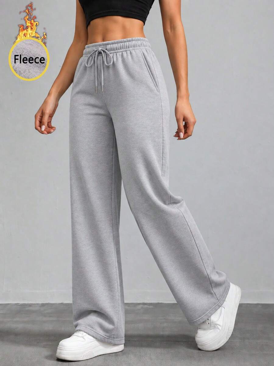 Women's Thermal Lined High Waist Wide Leg Sweatpants With Drawstring Relaxed Fit Casual Lounge Pants For Everyday Wear. - Grey - View 1