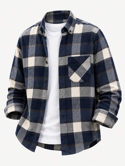Camisa casual de manga comprida para homem, xadrez azul-marinho e creme, com bolso no peito, estilo street, outono