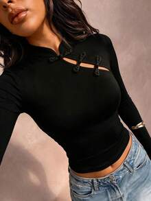 Women's Solid Color Frog Button Design Long Sleeve Casual Top - Black - View 2
