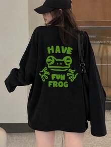 Kaos Lengan Panjang Wanita Fashion Musim Semi/Gugur Katun Murni Potongan Longgar Serbaguna dengan Gambar Kartun Katak. - Hitam - View 4