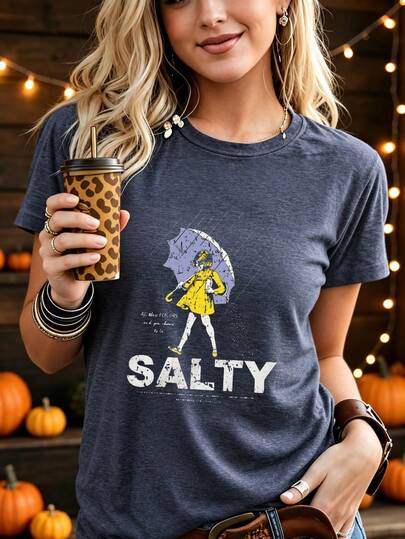 Colored Cotton T-Shirt  Comfortable, Stylish With Minimalist Design, Casual & Versatile, INS Style Salty Girl With Umbrella Rain T Shirt Graphic Tee