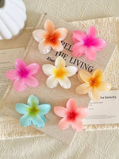7pcs Women's Gradient Color Hair Claw Clips, Delicate Flower Lightweight Plastic Hair Clips, Fashionable Versatile Elegant Minimalist Solid Color Hair Claws, Suitable For Daily Wear, Casual, Party, Beach, Ponytail, Bun, Face Washing, Makeup, Clothing Accessories, Summer Beach Hair Claw Clips