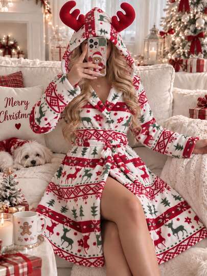 Women's Autumn/Winter New Christmas Style Hooded Bathrobe, Cute Deer Horn Decoration + Reindeer Print, Coral Fleece Thickened Warm Tie-Front Sleepwear, Comfortable Home Wear & Outerwear Pajamas